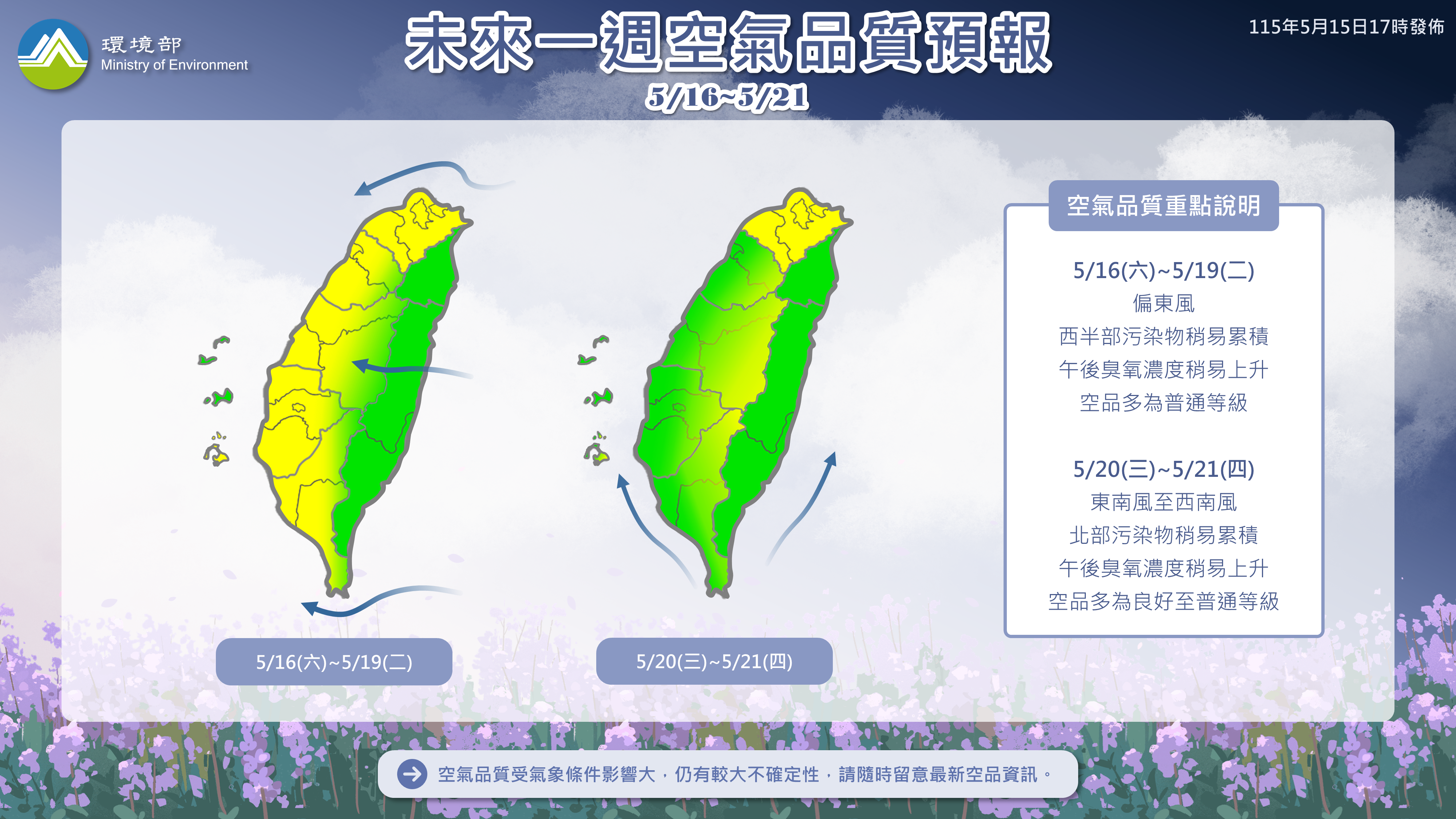 115年5月16日至5月21日空氣品質預報
